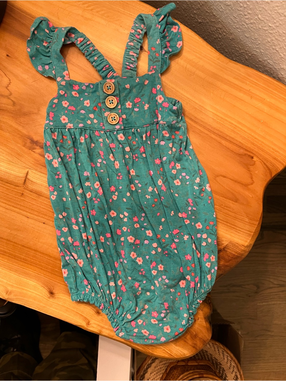 Posh Peanut Teal Floral Romper with Pink Accents